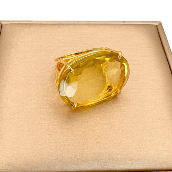 Bounkit Large Cocktail Ring Sz. 8 Oval Lemon Quartz Statement Art Deco Gemstone - Picture 4 of 14